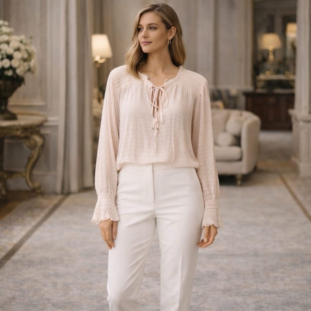 MARIE OLIVER Peasant Top LARGE Blouse SILK Blend Light Pink Off White Tie‎ Neck